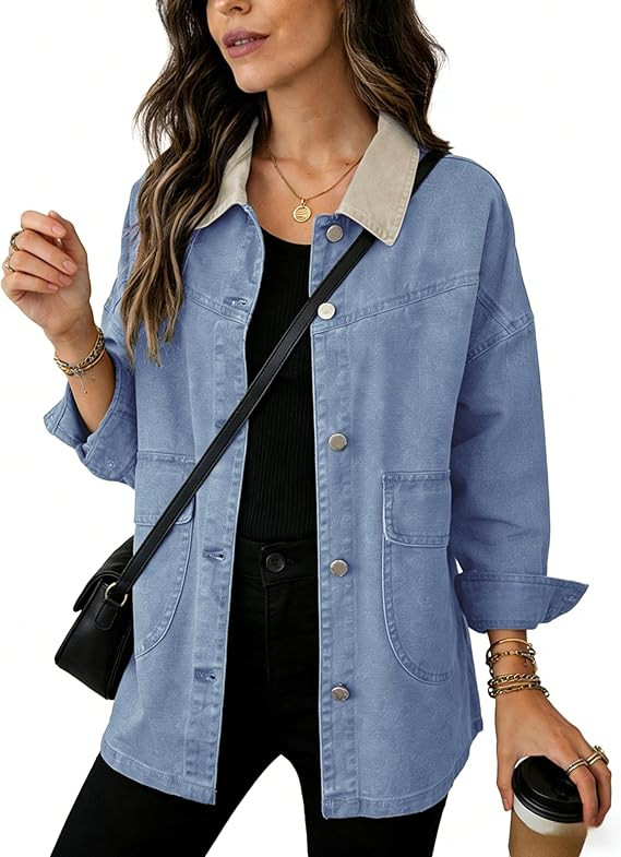 Yeokou Women's Oversized Contrast Collar Denim Barn Jacket Button Down Big Pockets Spring Fall Tr... | Amazon (US)