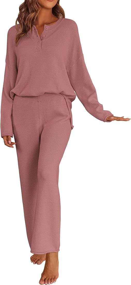 Ekouaer Pajamas Set Women Long Sleeve 2 Piece Outfits Knit Sweater Slouchy Button Sleepwear Sets ... | Amazon (US)