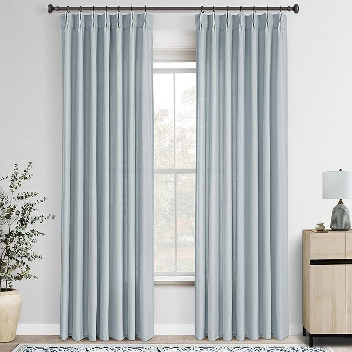 Light Blue Pinch Pleated Linen Curtains 102 inches Long with Clips and Hooks for Boys Bedroom Ele... | Amazon (US)