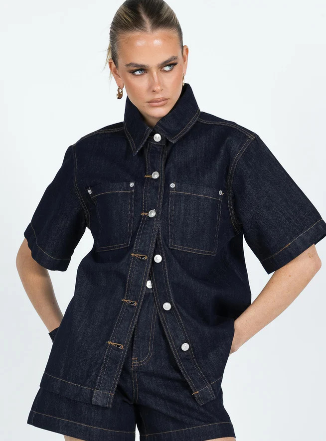 Whitaker Short Sleeve Shacket Dark Denim | Princess Polly US