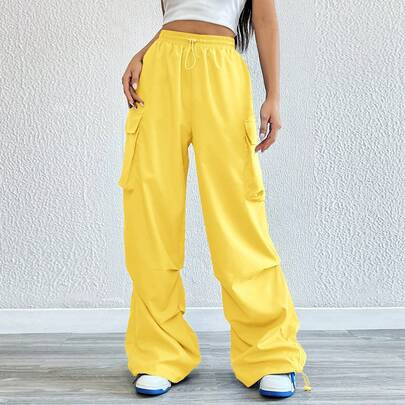 Women's Fall Basic Flap Pocket Side Drawstring Waist Cargo Yellow Pants | SHEIN