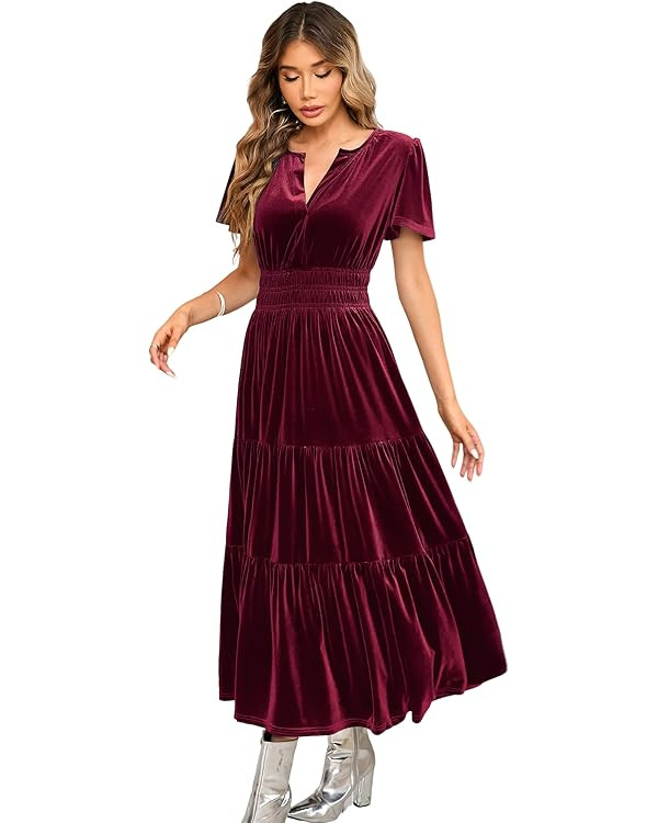 R.Vivimos Women's Fall Winter Vintage Velvet Dress Short Sleeve V Neck Elastic Waist Tiered Ruffl... | Amazon (US)