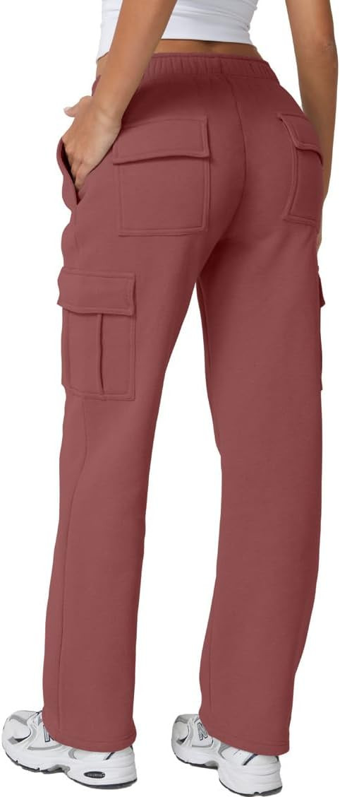 QINSEN Womens Elastic Medium Waist Pocket Sweatpants Fleece Cargo Pants | Amazon (US)