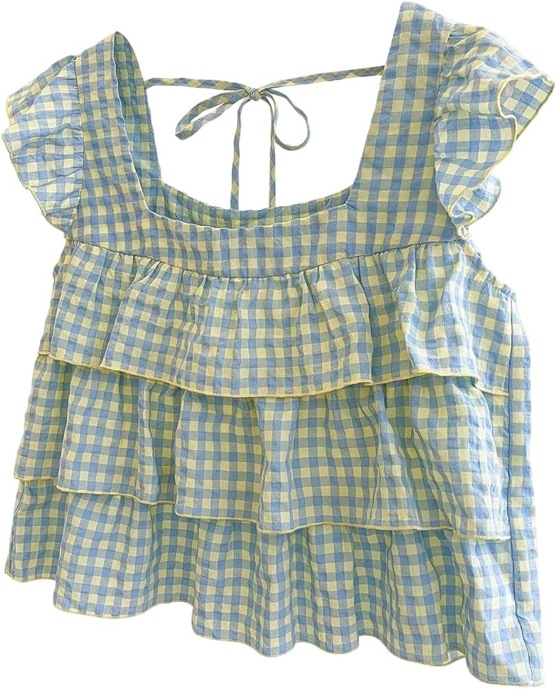 Floerns Women's Gingham Cap Sleeve Blouses Layered Ruffle Tie Back Babydoll Tank Tops | Amazon (US)