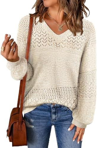 MixShe Womens Knit Sweaters 2026 Fall V Neck Long Sleeve Pullover Casual Loose Tops | Amazon (US)