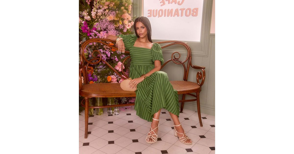 Khaki Puff Sleeve Striped Midi Dress | New Look | New Look (UK)