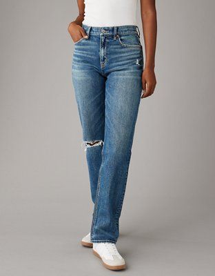 AE Stretch Super High-Waisted Ripped Straight Jean | American Eagle Outfitters (US & CA)