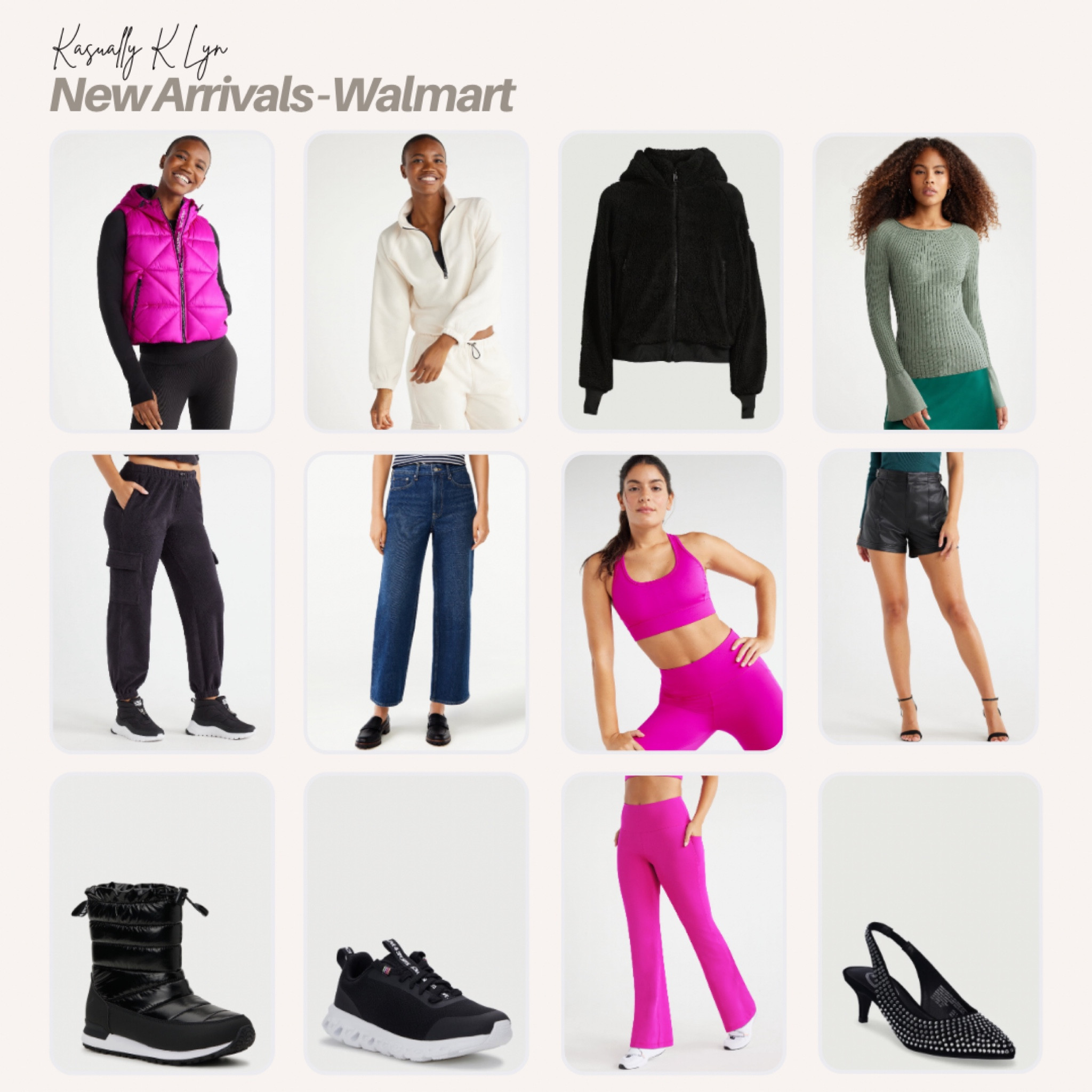 Walmart Women’s New Arrivals!! free assembly ribbed long sleeve sweater, quarter zip fleece pullover, high rise leather shorts, winter mid puffer boots, pink puffer vest with hood, fleece cargo jogger pants, running sneakers, rhinestone heel pumps, faux sherpa jacket with hood, active flare pants, active sports bra

#LTKstyletip #LTKshoecrush #LTKfitness