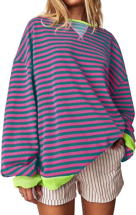 Fisoew Womens Striped Oversized Sweatshirt Color Block Crew Neck Long Sleeve Shirt Casual Loose P... | Amazon (US)