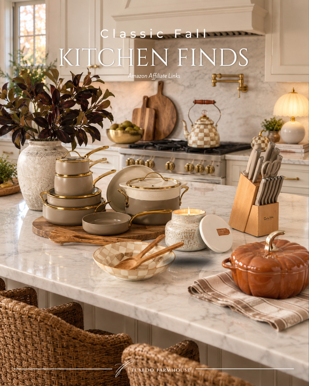 Classic fall kitchen finds that are as pretty as they are practical! 🍂🤎 I’m loving the warm neutrals, touches of brass, checkered accents and that gorgeous pumpkin baker. These Amazon finds make an easy seasonal refresh without going overboard on fall decor. #LTKHome #LTKSeasonal #LTKStyleTip #AmazonHome #FallKitchen #FallDecor #KitchenFinds #AmazonFinds 

 #LTKSeasonal #LTKHome #LTKSaleAlert