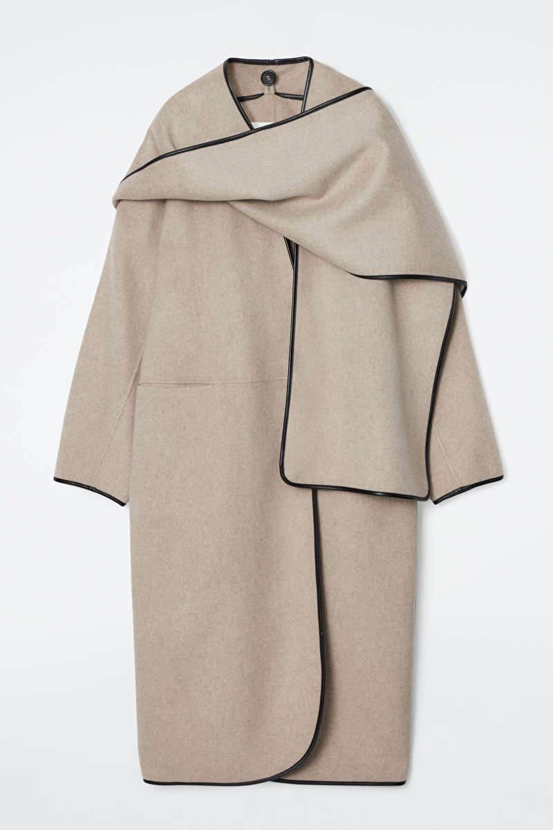 LEATHER-TRIMMED WOOL SCARF COAT - BEIGE - COS | COS UK