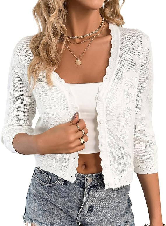 Kate Kasin Women's Cropped Cardigan Sweaters Trendy Lightweight 3/4 Sleeve Button Down Crochet Te... | Amazon (US)
