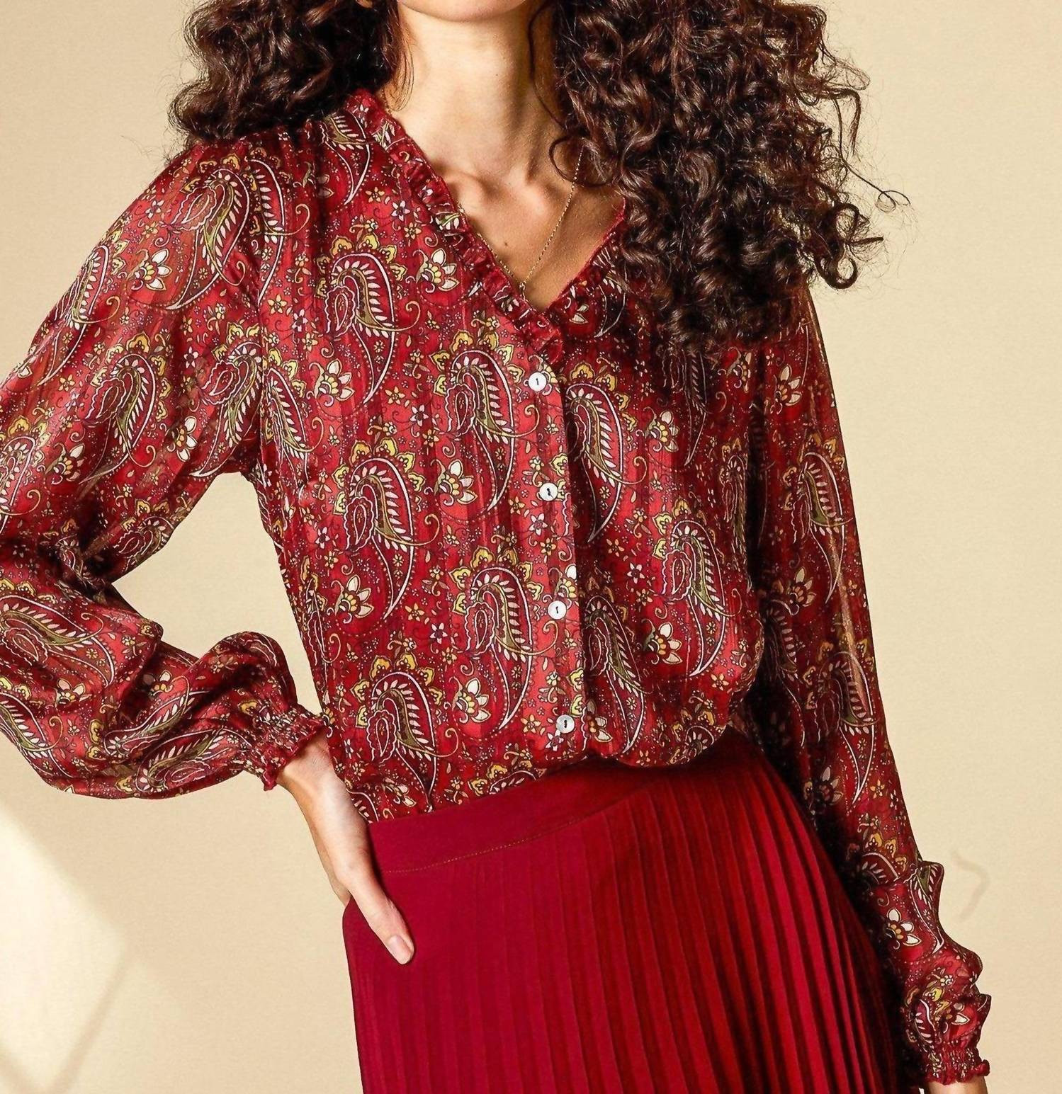Paisley Ruffle-Neck Blouse In Red | Shop Simon