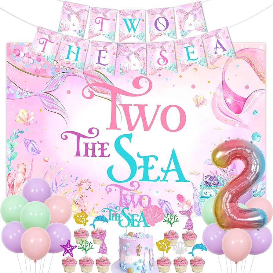 Mermaid 2nd Birthday Decorations Girl, Two the Sea Birthday Decorations Backdrop Banner Cake Cupc... | Amazon (US)