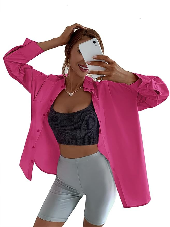 SheIn Women's Long Sleeve Button Down Drop Shoulder Causal Blouse Tops | Amazon (US)