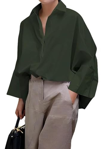 UOOZEE Womens Cotton Button Down Shirt Casual Long Sleeve Loose Fit Collared Work Blouse Tops, Army Green XXL | Amazon (US)