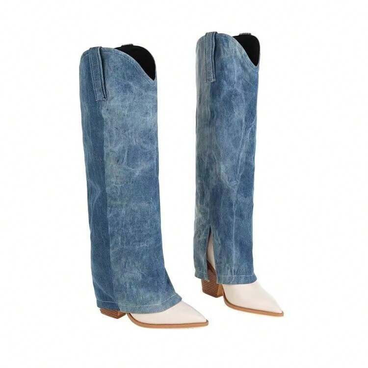 20235 New European And American Plus Size Niche Split Western Denim Pointed, Super High Heels, High Tube Slimming, Smoke Pipe Pants And Boots | SHEIN