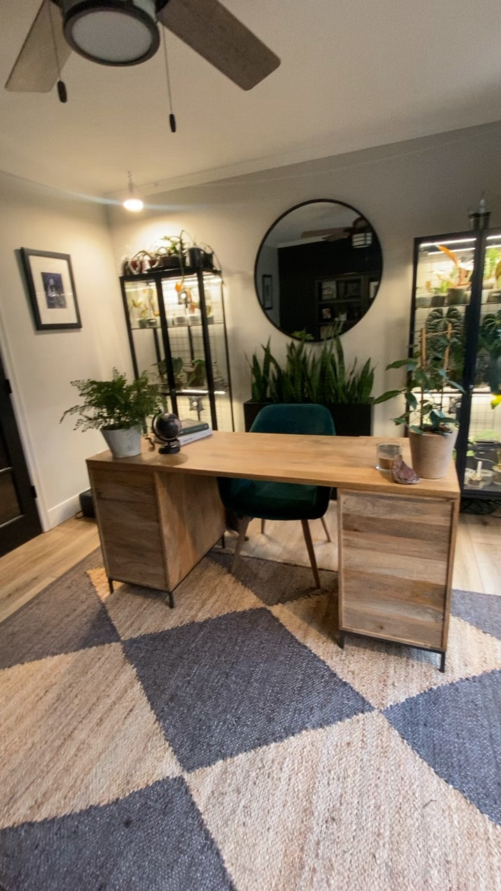 My home office I turned into an office, plant room, reading room. 

Checkered rug, natural wood, plant cabinets, organic decor, green velvet 

#LTKstyletip #LTKhome #LTKsalealert