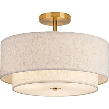 16" Double Drum Gold 3-Light Semi Flush Mount Ceiling Light, Classic Fabric Linen Shade Design fo... | Amazon (US)