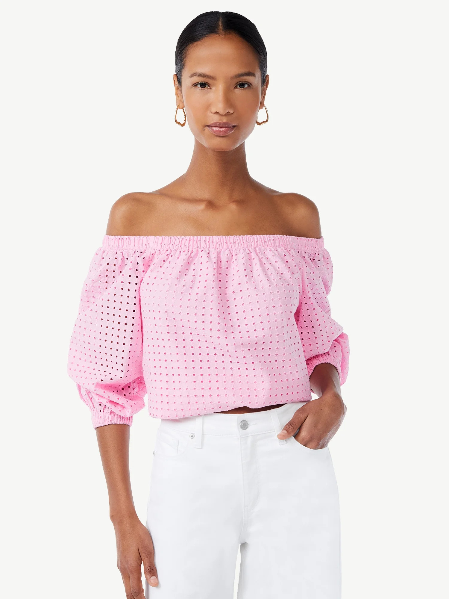 Scoop Women's Off the Shoulder Top with Blouson Sleeves - Walmart.com | Walmart (US)