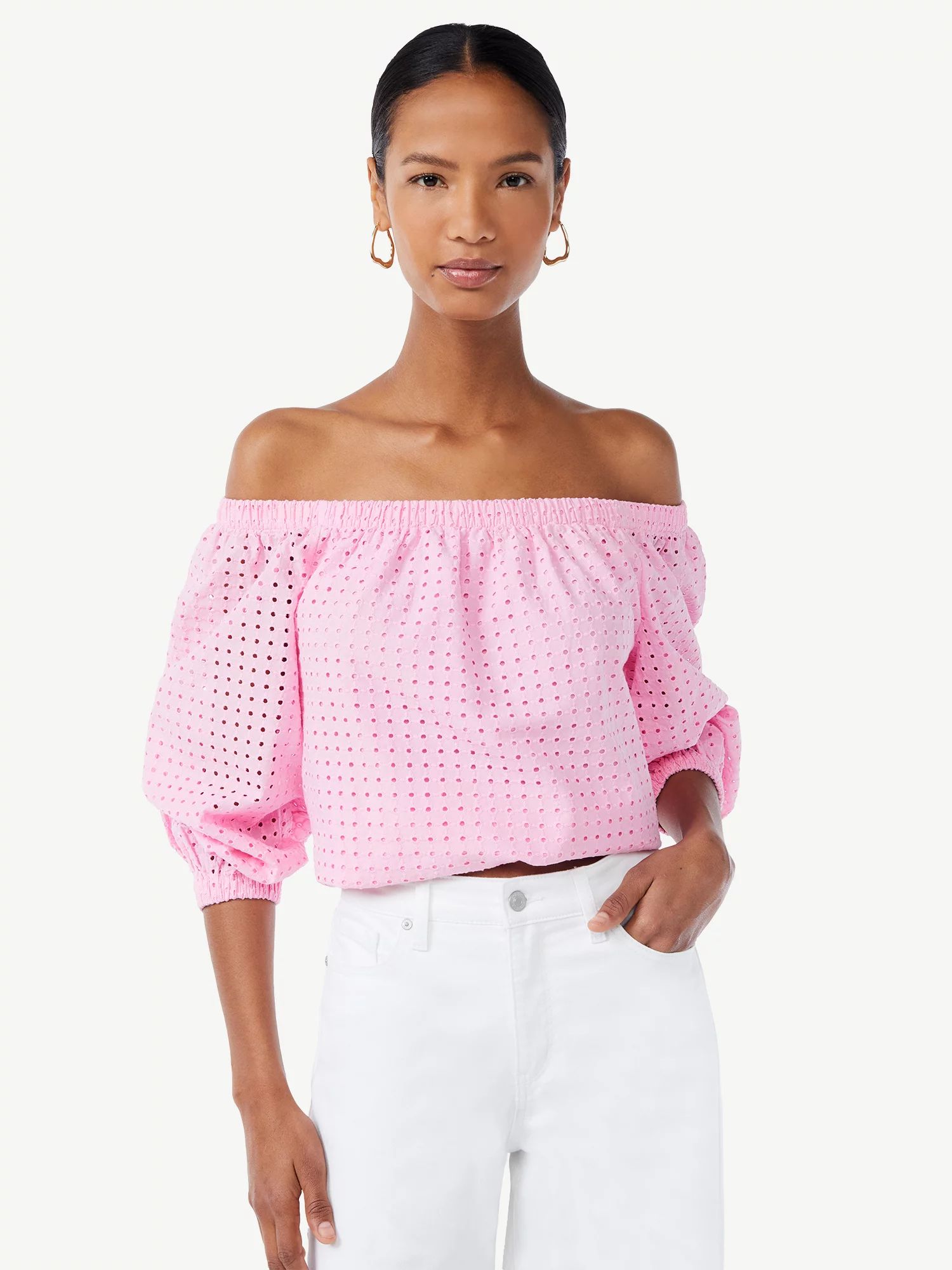 Scoop Women's Off the Shoulder Top with Blouson Sleeves | Walmart (US)
