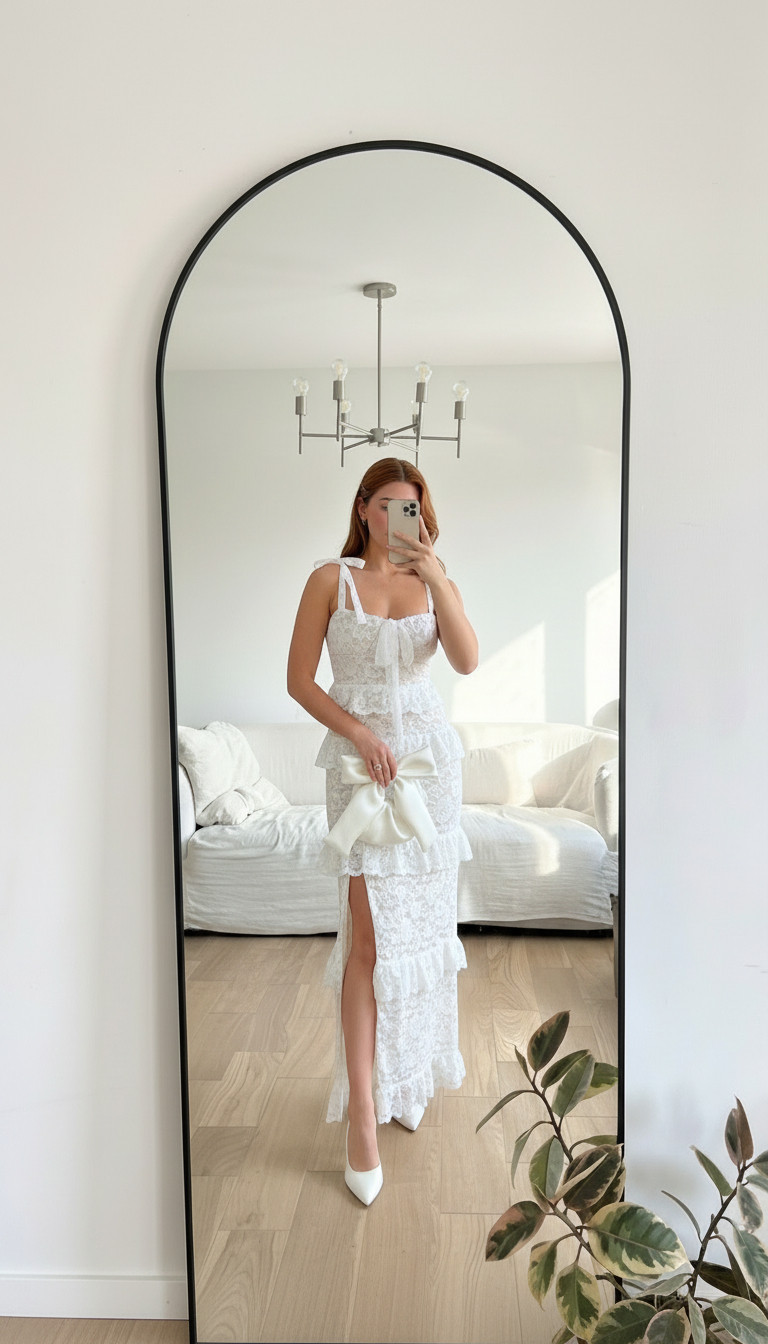 This is such a dreamy bridal shower or rehearsal dinner dress 🤍

The lace detail makes it perfect for engagement photos, bridal showers, courthouse weddings, or any bridal event. 

 #LTKootd #LTKWedding