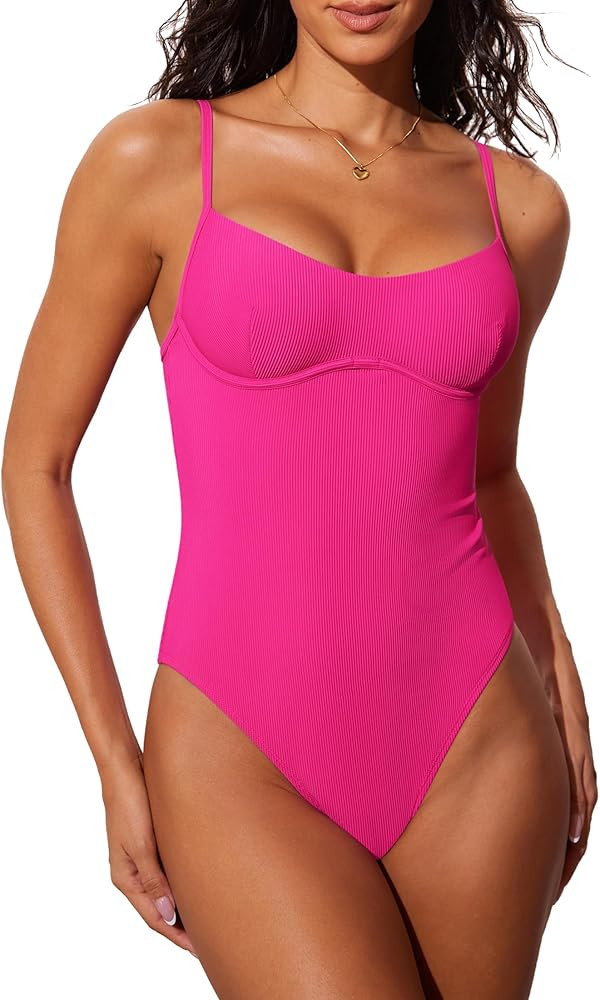 DOBREVA Women's One Piece Swimsuit Underwire Ribbed Bathing Suit Unlined Support V Neck Adjustabl... | Amazon (US)