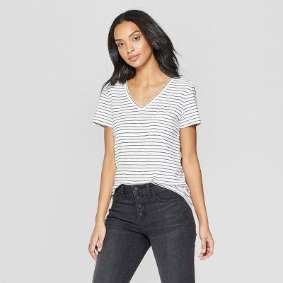Women's Striped Short Sleeve V-Neck Monterey Pocket T-Shirt - Universal Thread™ Gray | Target