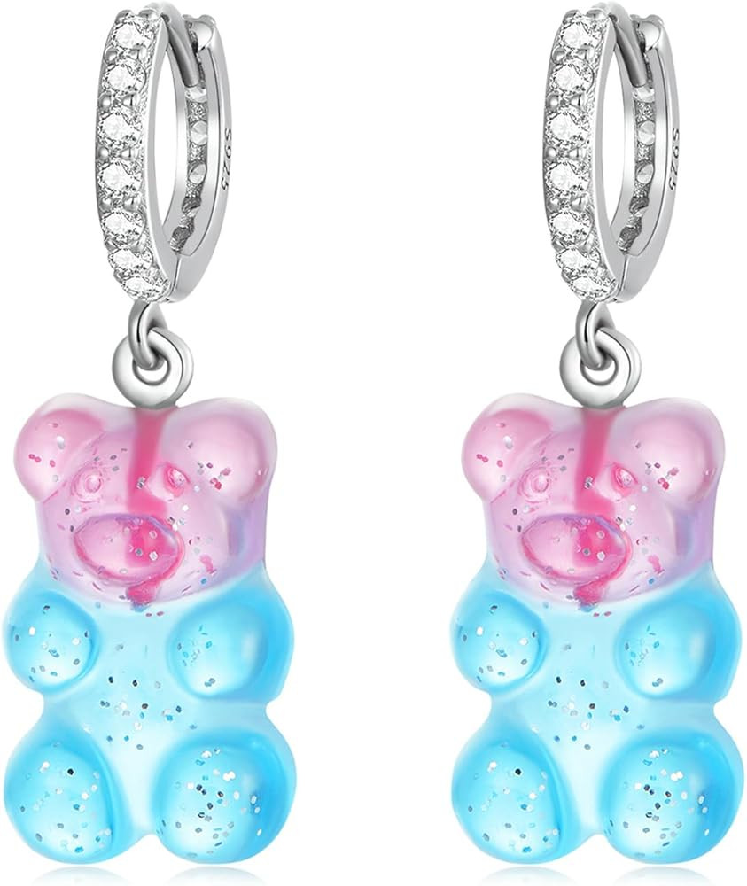 Gummy Bear Hoop Earrings - Sterling Silver Colorful Teddy Bears Resin Dangle Drop Earring Cute Pi... | Amazon (US)