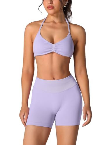 ABOCIW Workout Sets for Women 2 Piece Seamless Scrunch Butt Lifting High Waist Impact Gym Shorts Matching Halter Sports Bra Active Wear Yoga Outfits #1 Lilac Small | Amazon (US)