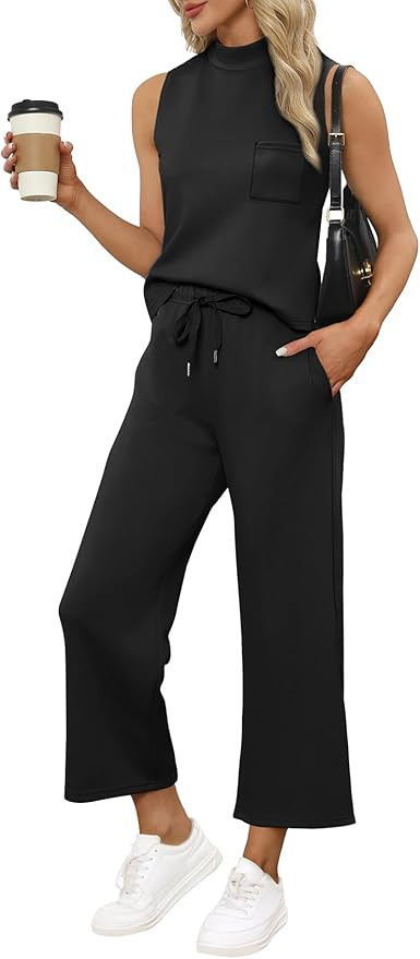 WIHOLL 2 Piece Sets for Women Summer Travel Vacation Outfits Casual Mock Neck Wide Leg Crop Pants... | Amazon (US)