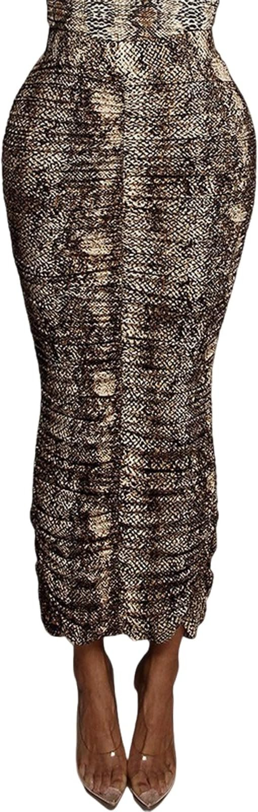 Women's Leopard Skirt Midi Long High Waist Silk Satin Elastic Cheetah Skirt Office Pencil Skirt | Amazon (US)