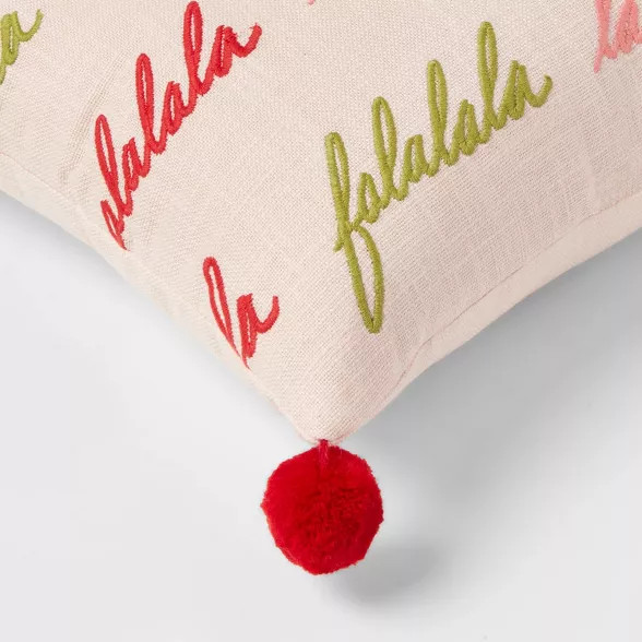 'Falala' Embroidered Lumbar Throw Pillow with Pom Poms Blush - Threshold™ | Target
