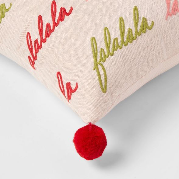 Falala&#39; Embroidered Lumbar Christmas Throw Pillow with Pom Poms Blush - Threshold&#8482; | Target