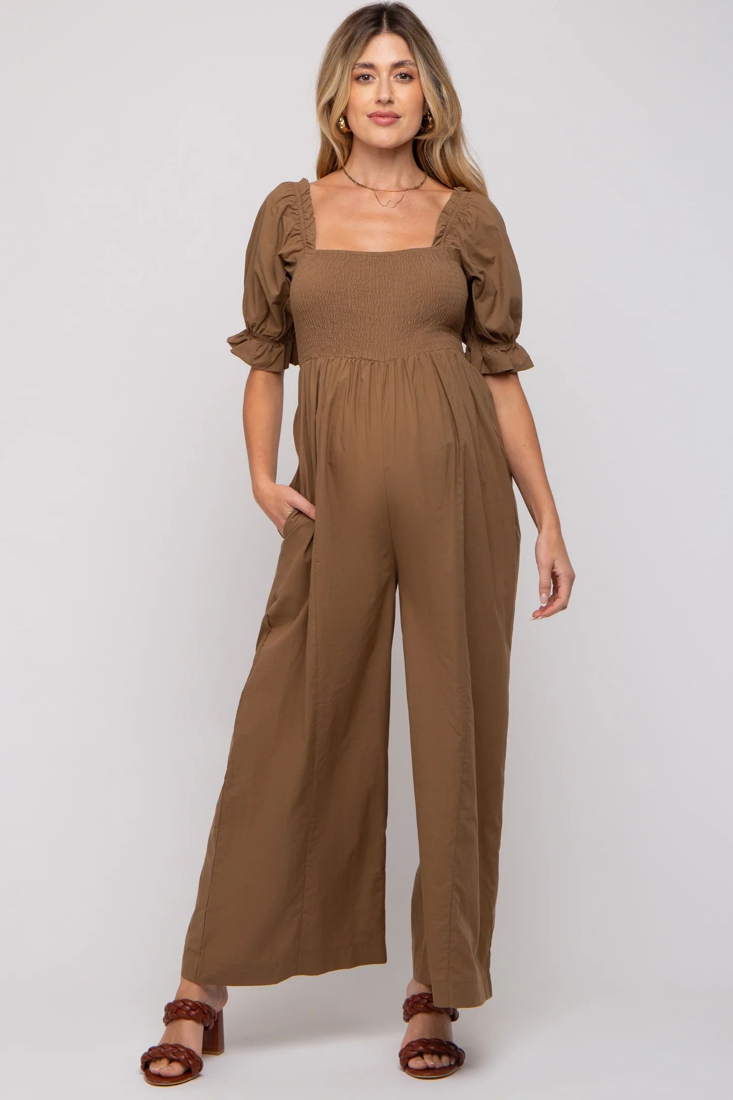 Brown Smocked Square Neck Wide Leg Maternity Jumpsuit | PinkBlush Maternity