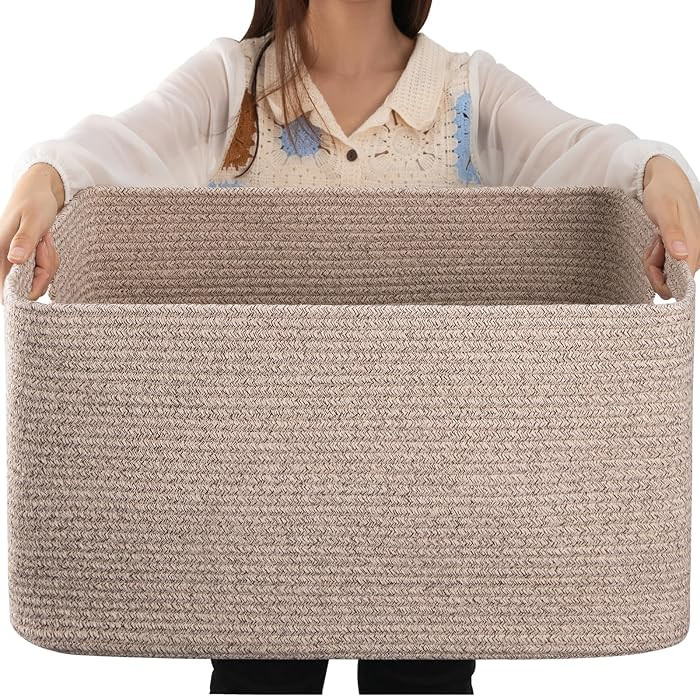 OIAHOMY 75L Large Blanket Basket, 22\u201dx17\u201dx12\u201d Woven Cotton Rope Storage Basket wit... | Amazon (US)
