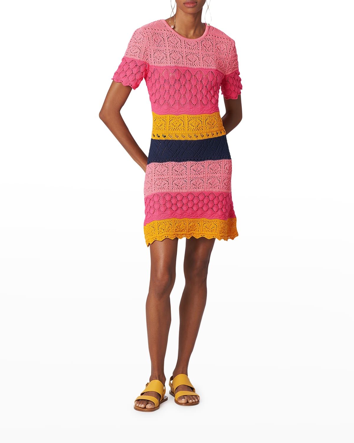 Striped Mixed-Crochet Mini Dress | Neiman Marcus