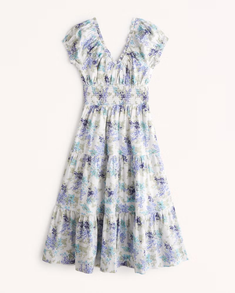 Cap Sleeve Smocked Waist Midi Dress | Abercrombie & Fitch (US)