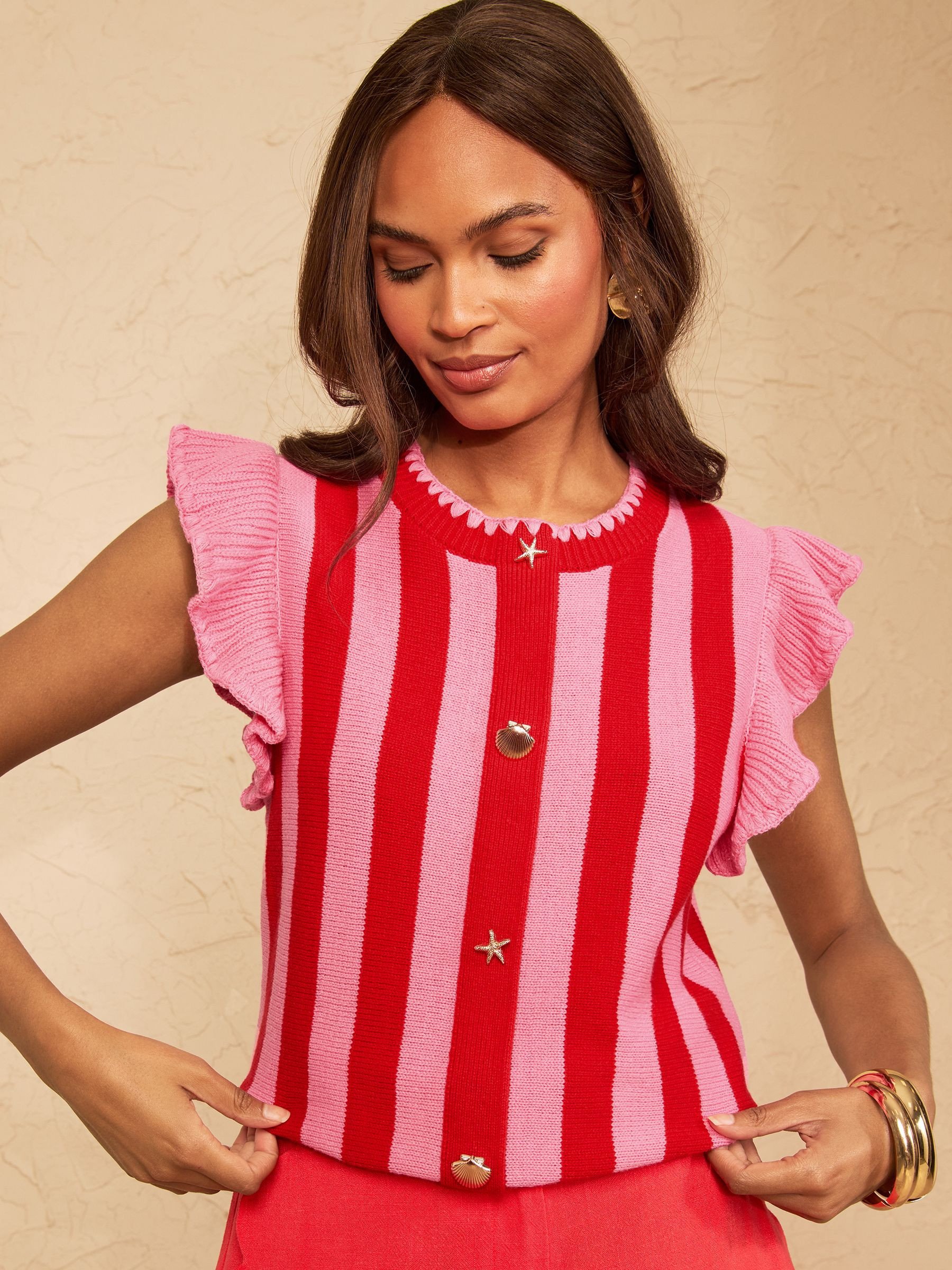 Love & Roses Love & Roses Pink And Red Frill Sleeve Detail Striped Cotton Rich Crew Neck Knitted Top | Next US