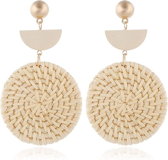 Round Semicircle Geometric Shaped Handwoven Rattan Dangle Earrings Cute Bohemian Lightweight Drop... | Amazon (US)