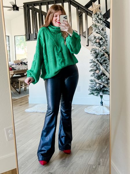 Holiday outfit. Faux leather flare pants. Size medium. Spanx pants. Holiday look. 

#LTKstyletip #LTKHoliday #LTKunder100