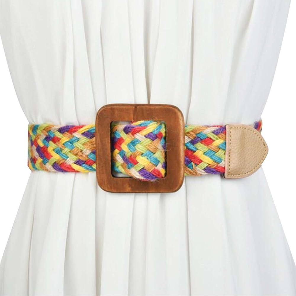 Womens Linen Woven Waist Belts Boho Vintage Ladies Braided Wooden Style Buckle Elastic Stretch Wa... | Amazon (US)