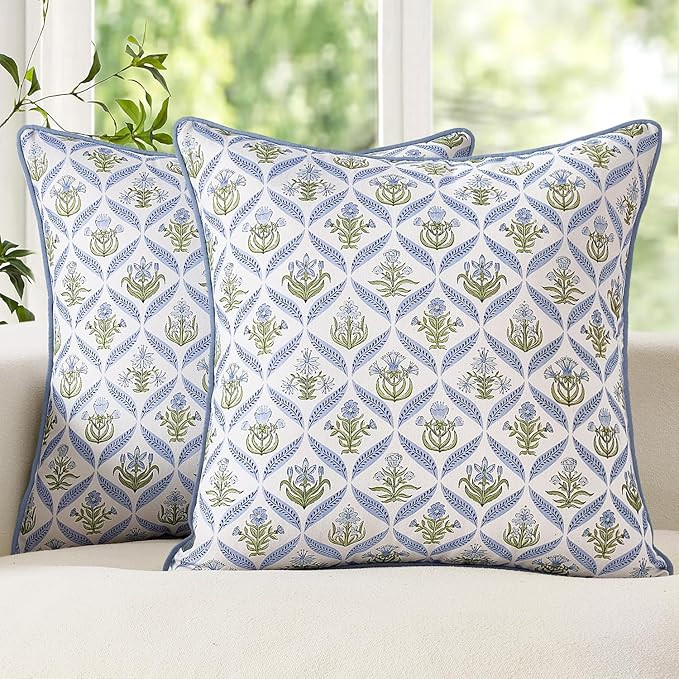 MIULEE Floral Throw Pillow Covers 18x18 Set of 2 Blue and Green Spring Decorative Block Print Cot... | Amazon (US)