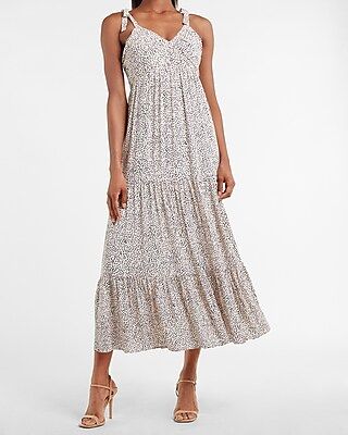 Printed Ruched V-Neck Tiered Maxi Dress | Express