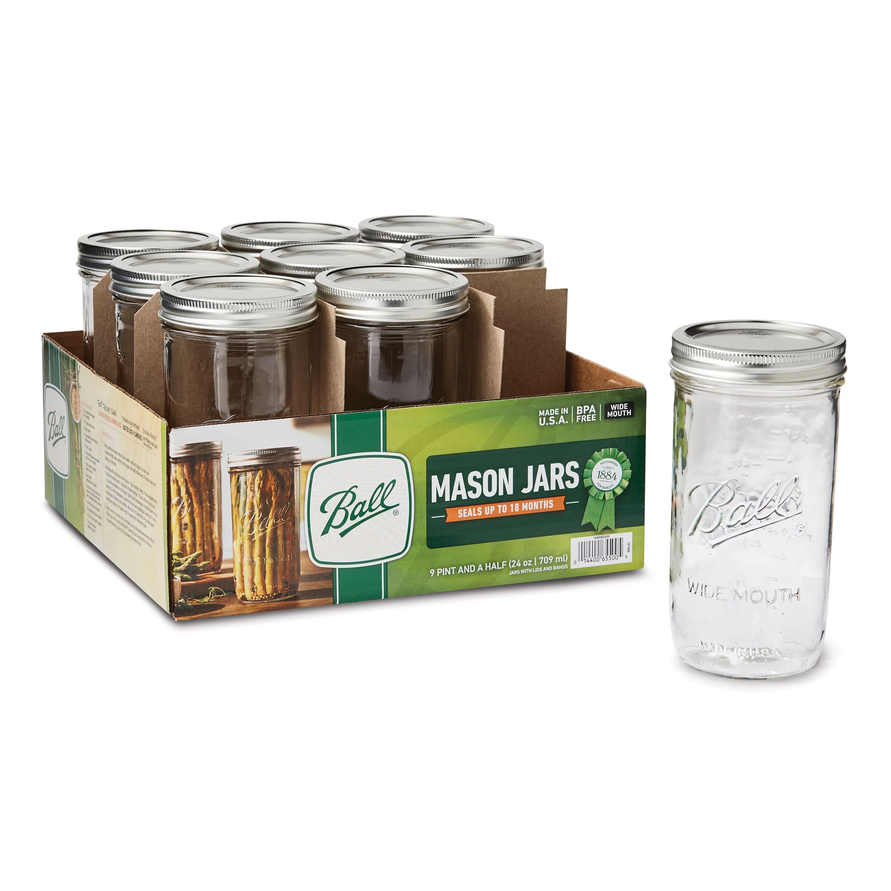 Ball, Glass Mason Jars with Lids & Bands, Wide Mouth, 24 oz, 9 Count | Walmart (US)
