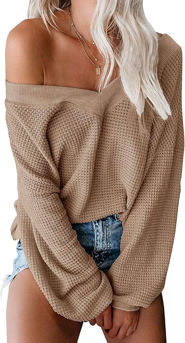 ReachMe Womens Oversized Off The Shoulder Tops Long Sleeve Waffle Knit Shirt V Neck Pullover Sweater | Amazon (US)