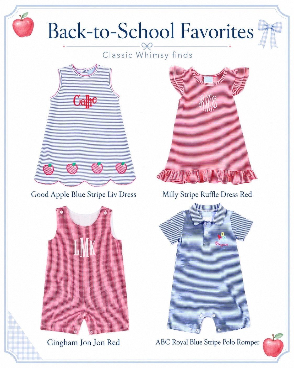 Back-to-school outfits for toddlers 🍎📚 Sharing a few of my favorite Classic Whimsy finds for coordinating sibling outfits! I love that these pieces feel special for the first day of school but are still wearable beyond just one occasion. Red gingham, classic stripes, apple details, and easy matching outfits for brother + sister ❤️💙

#backtoschooloutfits #toddleroutfits #siblingsoutfits #classicwhimsy #kidsfashion