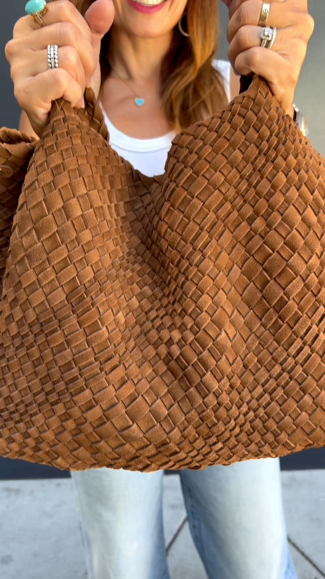 New Beek bag in chestnut! Love! 
Target jacket runs large and tank 

Fall outfit