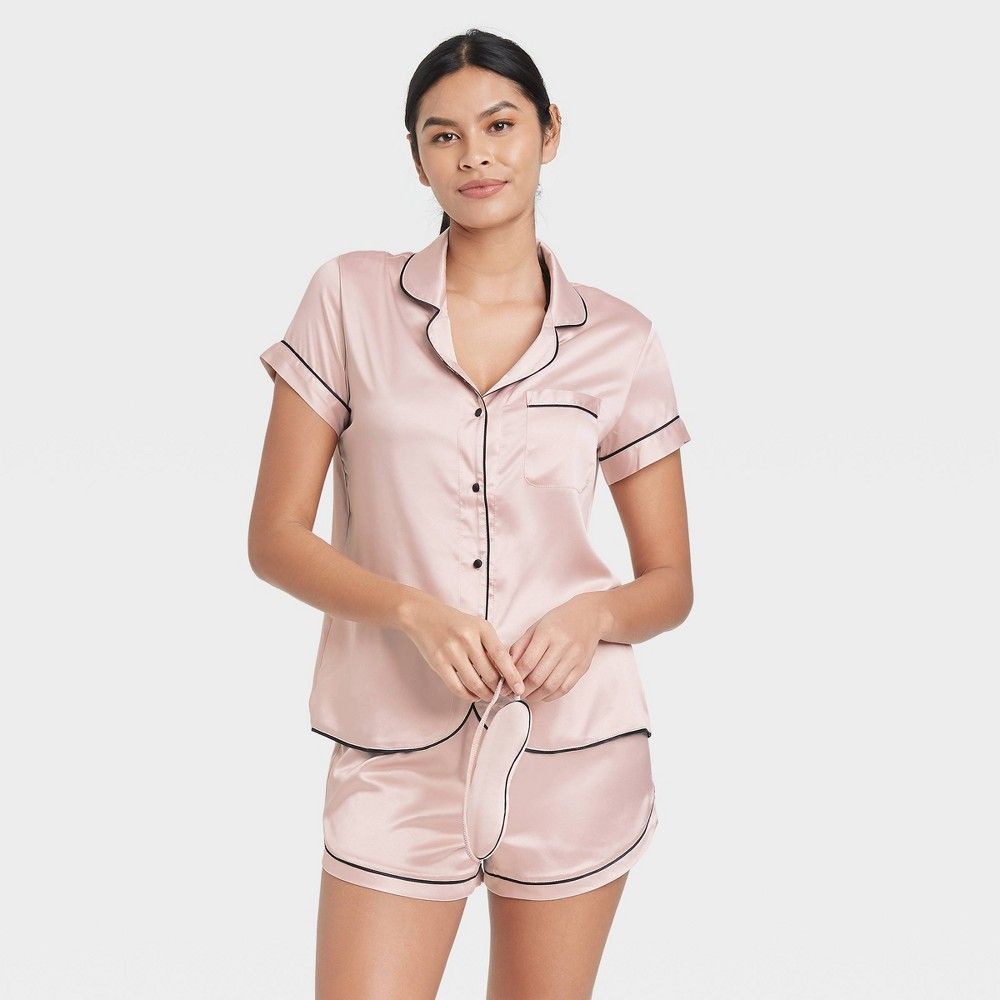 Women's 3pc Satin Notch Collar Top Pajama Set - Stars Above Soft Pink XS | Target