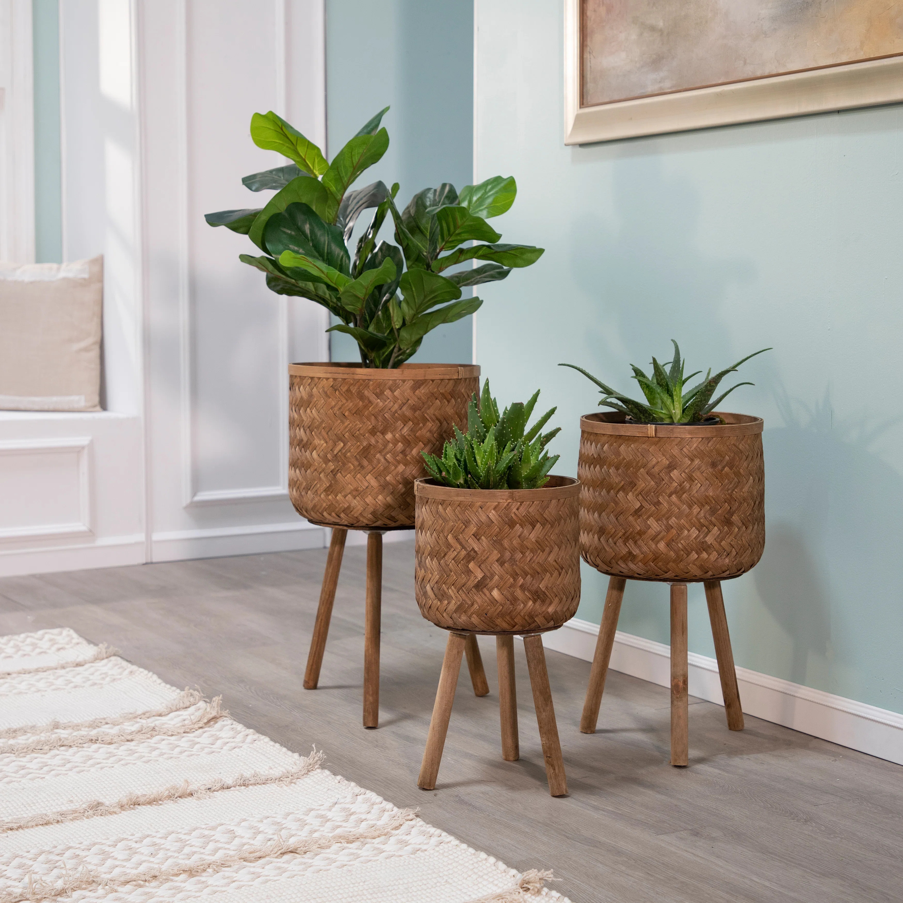 Neutral Boho Wicker Planter Stand Set, Versatile Indoor Garden Decor | Wayfair North America